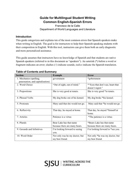 Guide for Multilingual Student Writing Common English-Spanish Errors Francisco De La Calle Department of World Languages and Literature