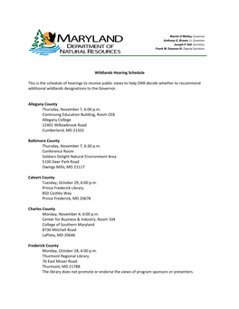 Wildlands Hearing Schedule This Is the Schedule of Hearings to Receive