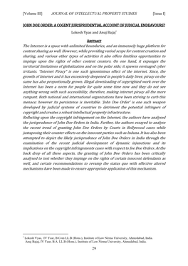 JOHN DOE ORDER: a COGENT JURISPRUDENTIAL ACCOUNT of JUDICIAL ENDEAVOURS? Lokesh Vyas and Anuj Bajaj