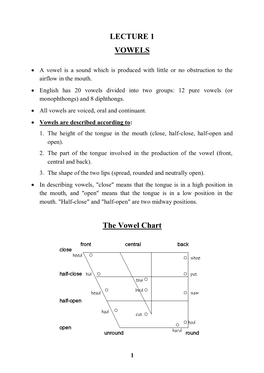 LECTURE 1 VOWELS the Vowel Chart