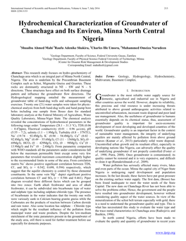Hydrochemical Characterization of Groundwater of Chanchaga and Its Environ, Minna North Central Nigeria