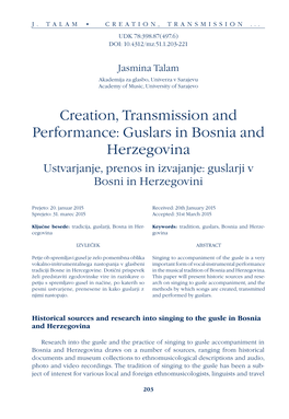 Creation, Transmission and Performance: Guslars in Bosnia and Herzegovina Ustvarjanje, Prenos in Izvajanje: Guslarji V Bosni in Herzegovini