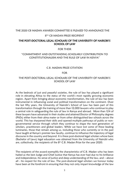 The 2020 Cb Madan Awards Committee Is Pleased to Announce the 8Th Cb Madan Prize Recipient the Post-Doctoral Legal Scholars Of