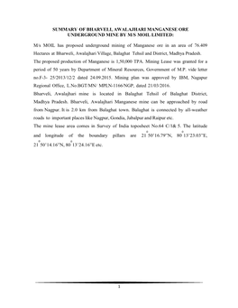 M/S MOIL Has Proposed Underground Mining of Manganese Ore in an Area of 76.409 Hectares at Bharweli, Awalajhari Village, Balaghat Tehsil and District, Madhya Pradesh