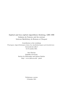 Explicit and Less Explicit Algorithmic Thinking, 1200–1500 Jordanus De Nemore, and the Contrast Between Barthélemy De Romans Et Chuquet