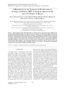 A Description of the Tadpoles of Hylodes Pipilans Canedo and Pombal, 2007: an Endemic Species of the Atlantic Forest of Brazil