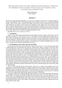 HOPE SPRINGS ETERNAL in STEPHEN KING’S SHORT NOVEL RITA HAYWORTH and SHAWSHANK REDEMPTION Rachma Nindyasari Sudar Itafarida