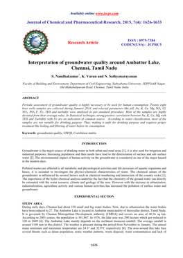 Interpretation of Groundwater Quality Around Ambattur Lake, Chennai, Tamil Nadu