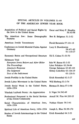 SPECIAL ARTICLES in VOLUMES 51-64 of the AMERICAN JEWISH YEAR BOOK Acquisition of Political and Social Rights by Oscar and Mary