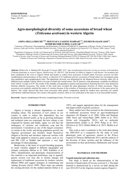 Agro-Morphological Diversity of Some Accessions of Bread Wheat (Triticuma Aestivum) in Western Algeria