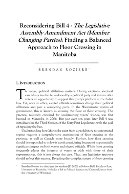 The Legislative Assembly Amendment Act (Member Changing Parties): Finding a Balanced Approach to Floor Crossing in Manitoba