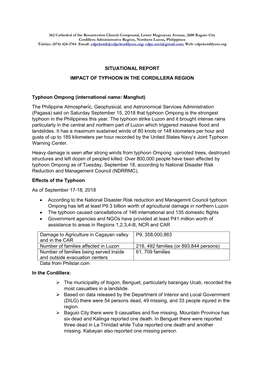 Situational Report Impact of Typhoon in the Cordillera Region