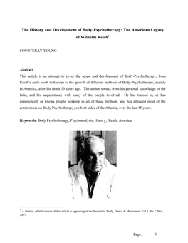 The History and Development of Body-Psychotherapy: the American Legacy of Wilhelm Reich1