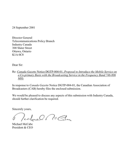 Canadian Association of Broadcasters (CAB) Hereby Files the Enclosed Submission