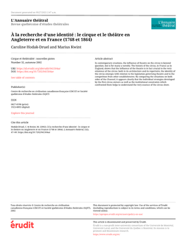 Le Cirque Et Le Théâtre En Angleterre Et En France (1768 Et 1864) Caroline Hodak-Druel and Marius Kwint