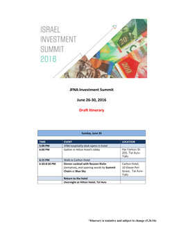 JFNA Investment Summit June 26-30, 2016 Draft Itinerary