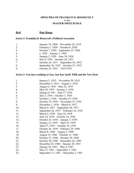 SPEECHES of FRANKLIN D. ROOSEVELT in the MASTER SPEECH FILE