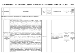 Summarized List of Projects Open to Foreign Investment of Changsha in 2018