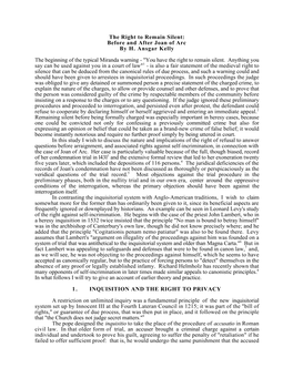 The Right to Remain Silent: Before and After Joan of Arc by H. Ansgar Kelly the Beginning of the Typical Miranda Warning - 