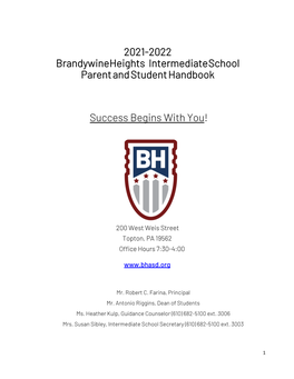 2021-2022 Brandywine Heights Intermediate School Parent and Student Handbook