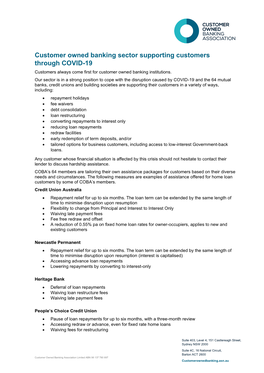 Customer Owned Banking Sector Supporting Customers Through COVID-19 Customers Always Come First for Customer Owned Banking Institutions