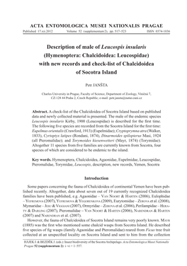 Hymenoptera: Chalcidoidea: Leucospidae) with New Records and Check-List of Chalcidoidea of Socotra Island