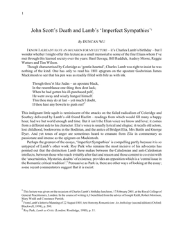 John Scott's Death and Lamb's 'Imperfect Sympathies'1