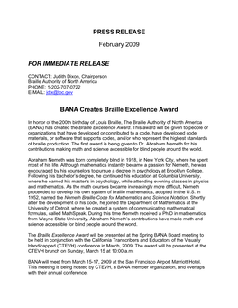 February 2009: BANA Creates Excellence Award