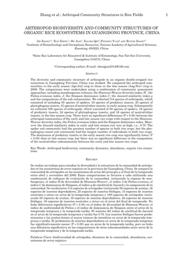 Arthropod Biodiversity and Community Structures of Organic Rice Ecosystems in Guangdong Province, China