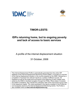 TIMOR-LESTE: Idps Returning Home, but to Ongoing Poverty and Lack Of