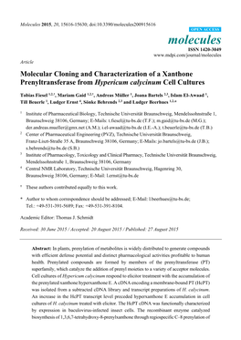 Molecular Cloning and Characterization of a Xanthone Prenyltransferase from Hypericum Calycinum Cell Cultures