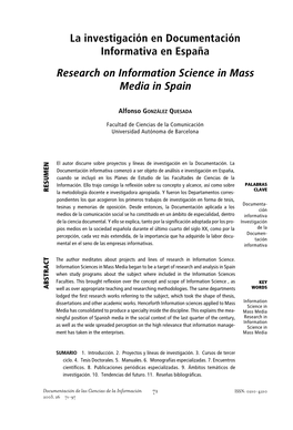 La Investigación En Documentación Informativa En España Research on Information Science in Mass Media in Spain