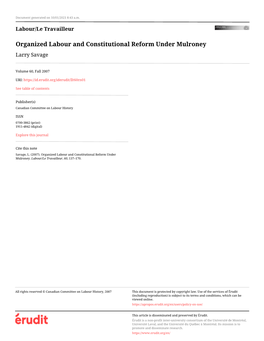 Organized Labour and Constitutional Reform Under Mulroney Larry Savage