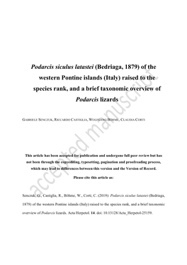 Podarcis Siculus Latastei (Bedriaga, 1879) of the Western Pontine Islands (Italy) Raised to the Species Rank, and a Brief Taxonomic Overview of Podarcis Lizards