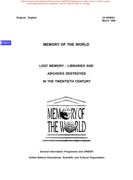 Lost Memory: Libraries and Archives Destroyed in the Twentieth Century