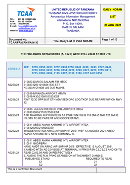 UNITED REPUBLIC of TANZANIA TANZANIA CIVIL AVIATION AUTHORITY Aeronautical Information Management International NOTAM Office P