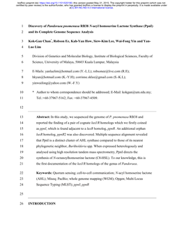 Discovery of Pandoraea Pnomenusa RB38 N-Acyl Homoserine Lactone Synthase (Ppni) 2 and Its Complete Genome Sequence Analysis