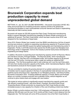 Brunswick Corporation Expands Boat Production Capacity to Meet Unprecedented Global Demand