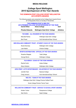 College Sport Wellington 2015 Sportsperson of the Year Awards
