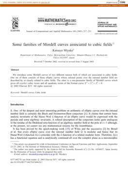 Some Families of Mordell Curves Associated to Cubic Fields