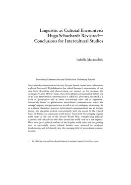 Linguistic As Cultural Encounters: Hugo Schuchardt Revisited— Conclusions for Intercultural Studies