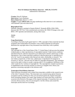 Peter B. Edelman Oral History Interview – RFK #8, 3/13/1974 Administrative Information