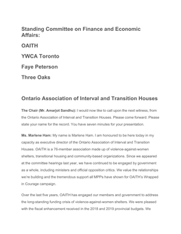 Standing Committee on Finance and Economic Affairs: OAITH YWCA Toronto Faye Peterson Three Oaks Ontario Association of Interval