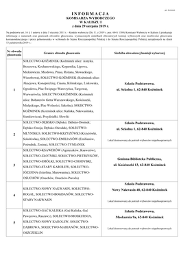 INFORMACJA KOMISARZA WYBORCZEGO W KALISZU I Z Dnia 29 Sierpnia 2019 R