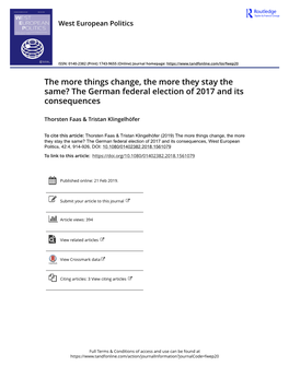 The More Things Change, the More They Stay the Same? the German Federal Election of 2017 and Its Consequences