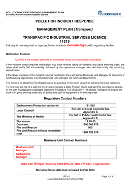 Pollution Incident Response Management Plan National Integrated Management System