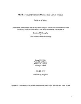 The Recovery and Transfer of Aerosolized Listeria Innocua Calvin