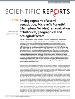 Phylogeography of a Semi-Aquatic Bug, Microvelia Horvathi (Hemiptera: Veliidae): an Evaluation of Historical, Geographical and Ecological Factors