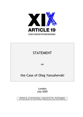Statement on the Case of Oleg Yanushevski – ARTICLE 19, London, June 2005