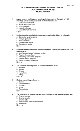 ORAL PATHOLOGY (Mcqs) MODEL PAPER